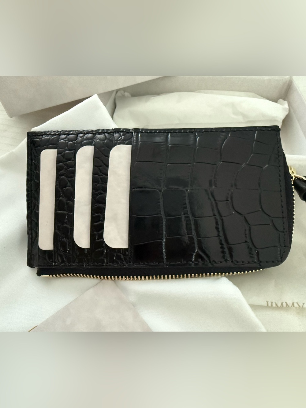 Jimmy Choo Black Croc-Embossed Leather Zip Card Case with Gold JC Logo - Picture 8 of 13